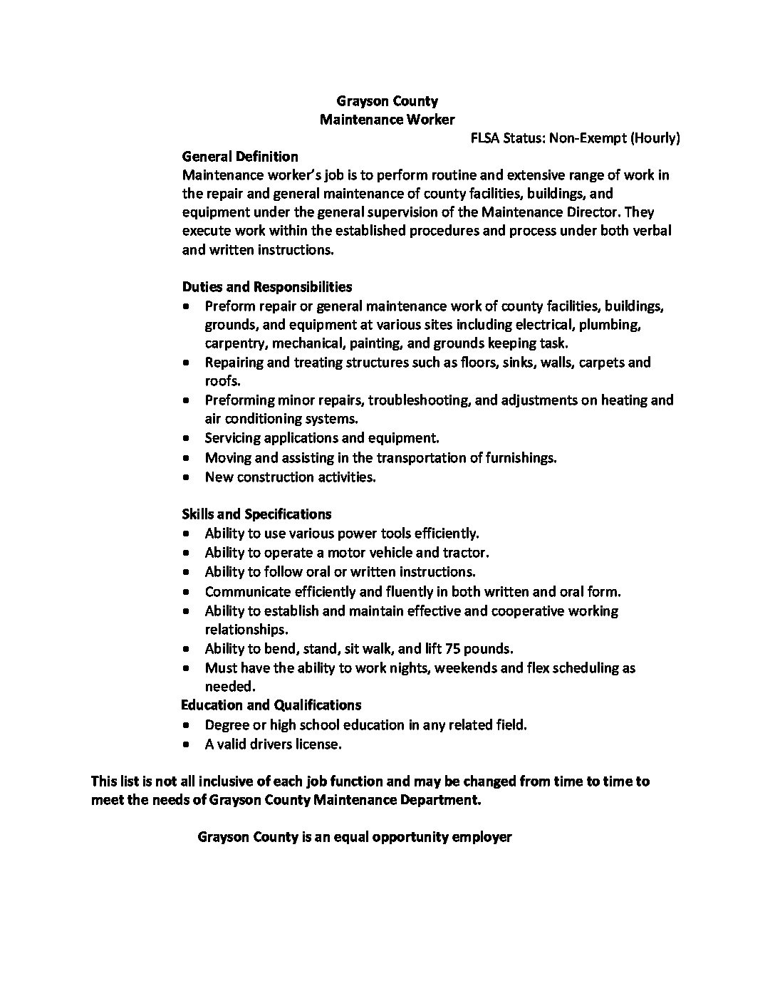 Maintenance Department Job Description Grayson County Government   Maintenance Worker Job Description 2 2017 