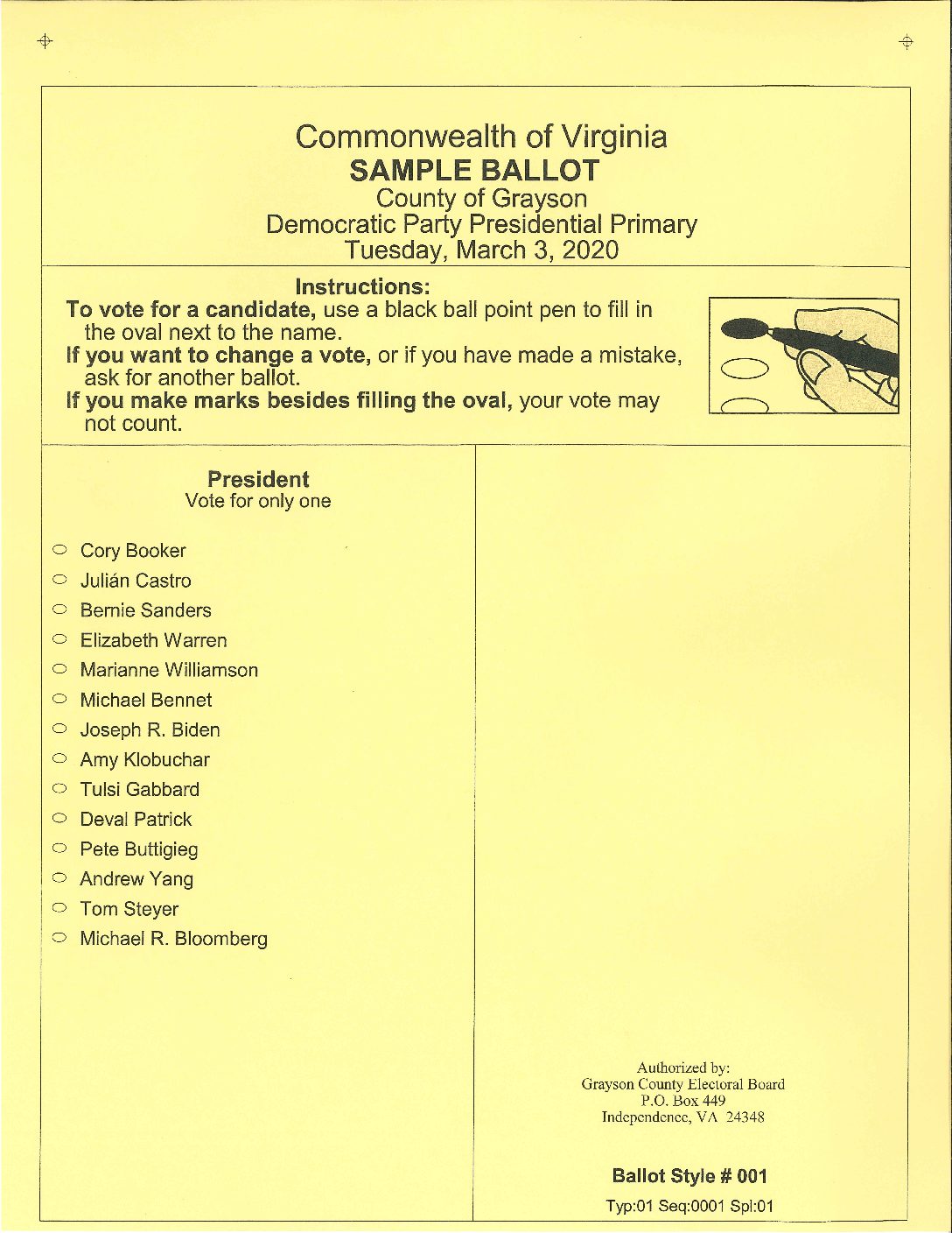 March 3, 2020 Dem Primary Sample ballot Grayson County Government