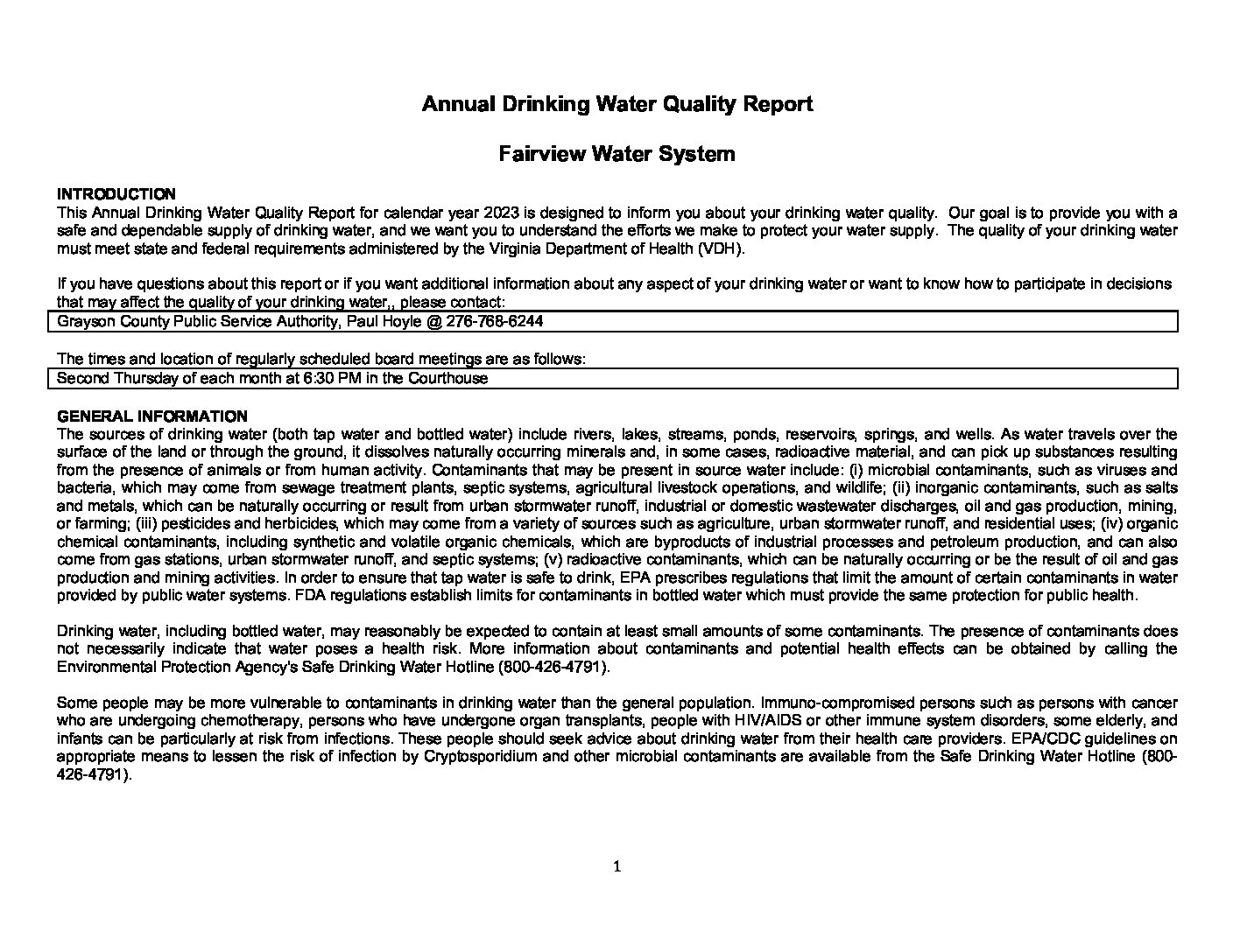 Fairview Annual Drinking Water Quality Report (2023) Grayson County